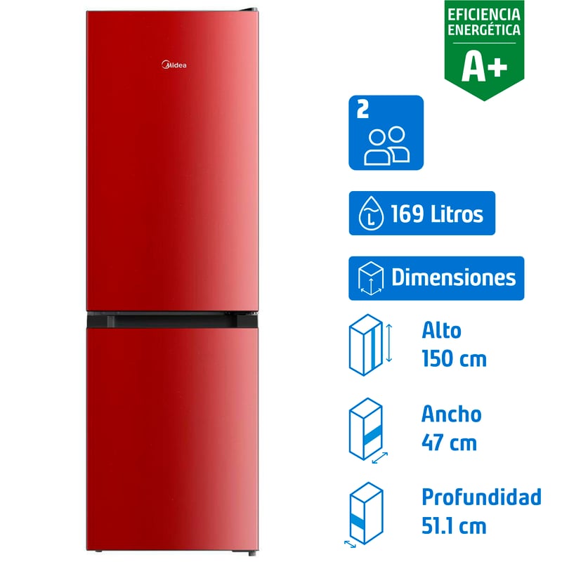 MIDEA - Refrigerador Bottom Freezer Frío Directo 169 Litros Rojo MDRB241FGE13