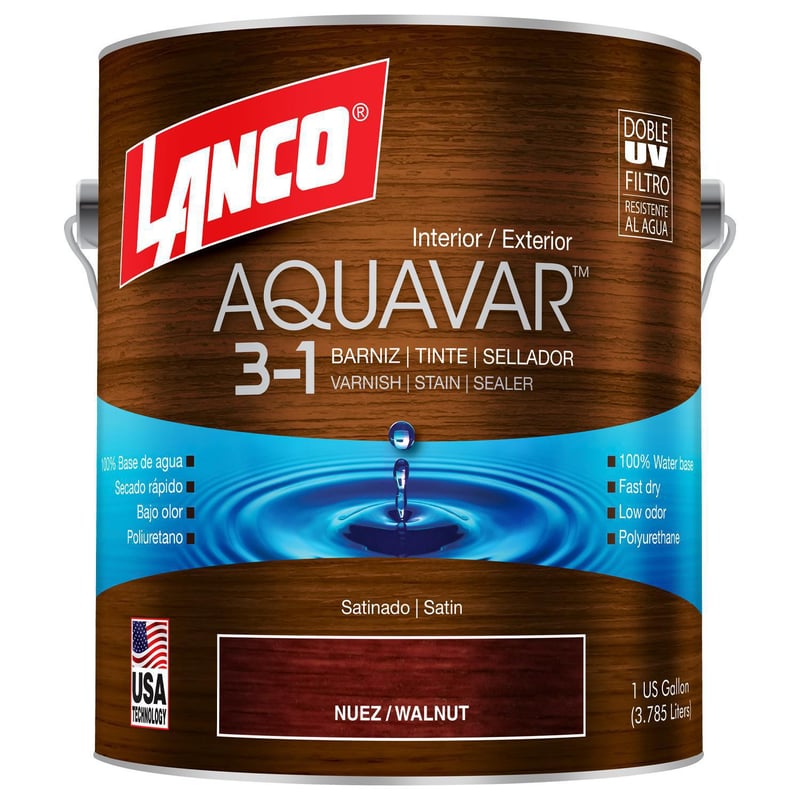 LANCO - Barniz Aquavar 3 en 1 barniz-tinte-sellador walnut satín 1 galón