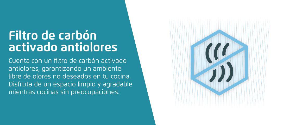 Filtro de carbón activado antiolores. Cuenta con un filtro de carbón activado antiolores, garantizando un ambiente libre de olores no deseados en tu cocina. Disfruta de un espacio limpio y agradable mientras cocinas sin preocupaciones.