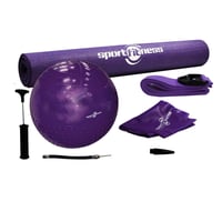 Kit De Yoga 4 En 1 Morado Balón Pelota 65 Cm + Inflador + Riata Estiramiento + Colchoneta Tapete + Banda Elástica