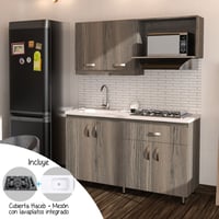 Cocina Integral Ambar 150X55 Cm Incluye Muebles Mitte Con Platero, Mesón Eco Perla Con Lavaplatos Integrado Y Estufa 4 Puestos A Gas - Instalable En Ambas Direcciones