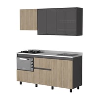 Cocina Integral 1.80 Metros Nori Plomo+rovere Incluye: Locero, portavasos, mesón superficie solida, horno, pozuelo, campana, cubierta Just Home Collection