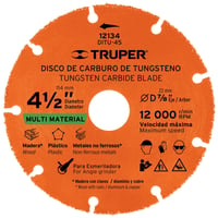 Disco Corte Carburo Tungsteno 4-1/2 Pulgadas Multiusos Ditu-45 Truper