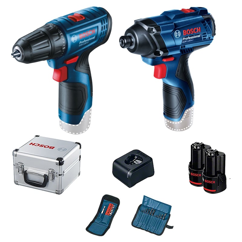 BOSCH - Taladro Atornillador Bosch GSR 120-LI + Llave Impacto Bosch GDR 120-LI + 23 Accesorios