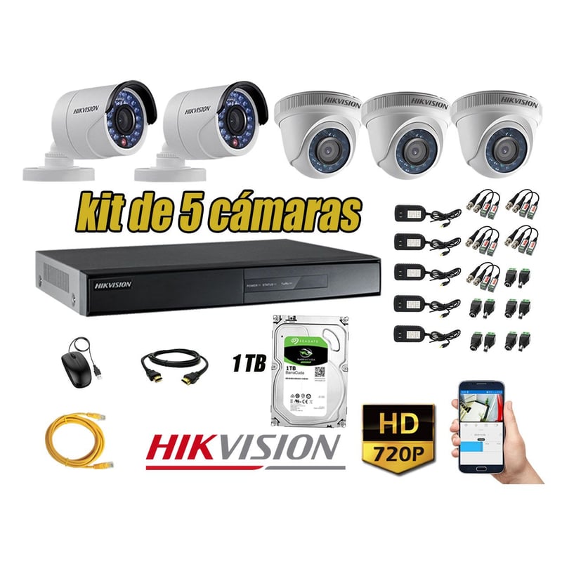HIKVISION - Kit 5 Cámaras de Seguridad  HD 720p Disco 1TB Vigilancia + Kit de herramientas