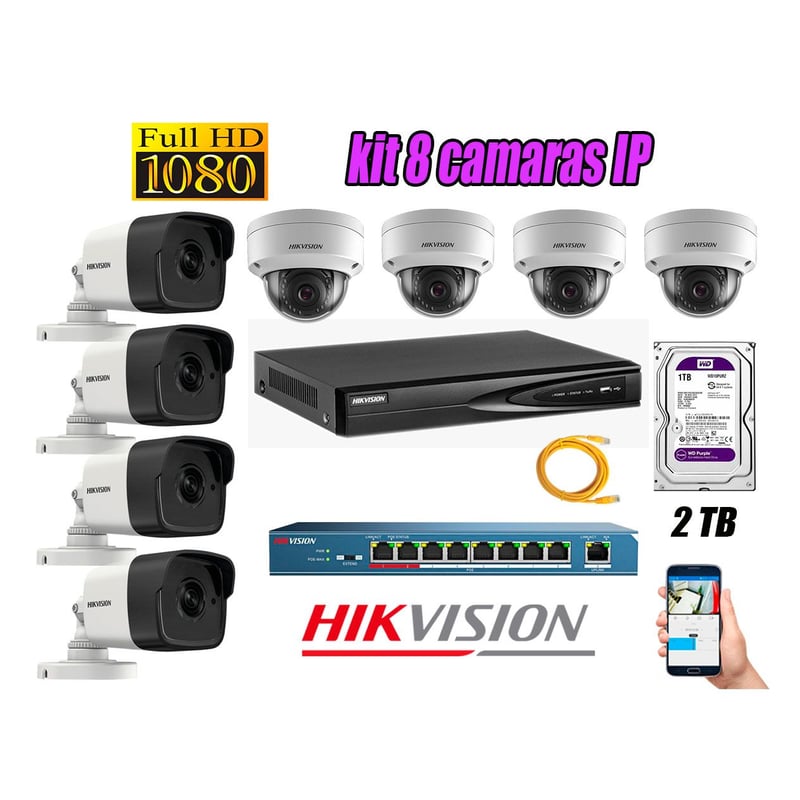 HIKVISION - Camara de Seguridad Ip Full HD 1080P Kit 8 Disco 2TB WD Purpura