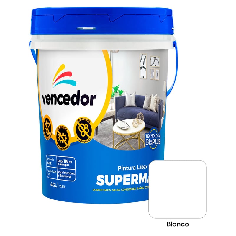 SUPERMATE - Pintura Supermate Antibacterial Blanco Decorativo 4 GL