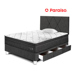 PARAISO - Dormitorio con Cajones Paraíso Pocket Star 1.5 Plazas Charcoal + Colchón + Almohada + Protector