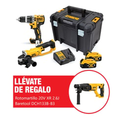 DEWALT - Kit Taladro Percutor ½? DCD796 + Esmeril Angular 4 1/2" DCG412 20V DCK209P2T-B2 + Regalo: Rotomartillo SDS Plus 20V XR 2.6J Baretool DCH133B-B3