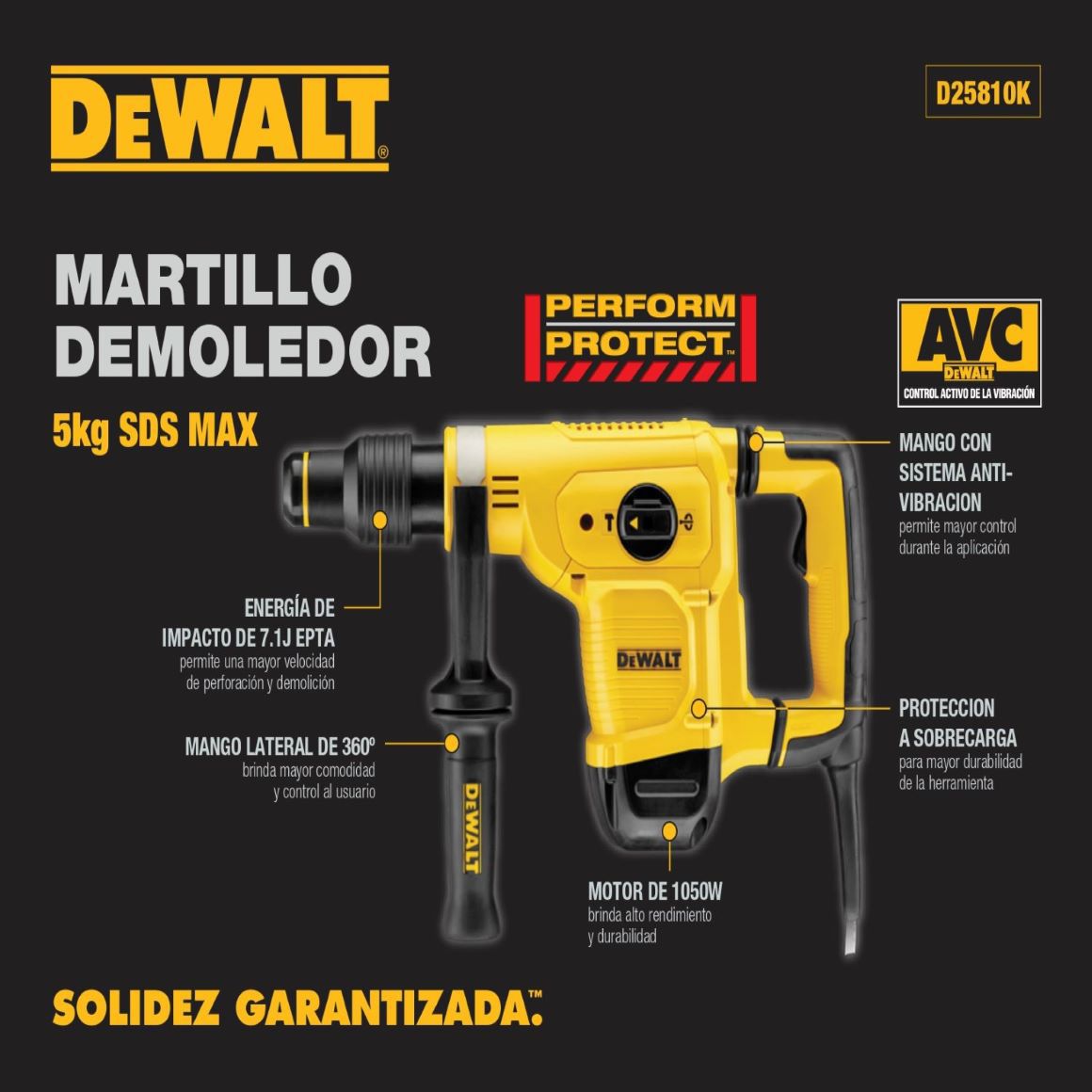 Martillo, martillos, demoledor, demolici�n, paredes, pisos, remodelaci�n, DEWALT, 1600W, Porta broca, demoler, D25951K, sistema percutor, anti vibraci�n, SDS MAX