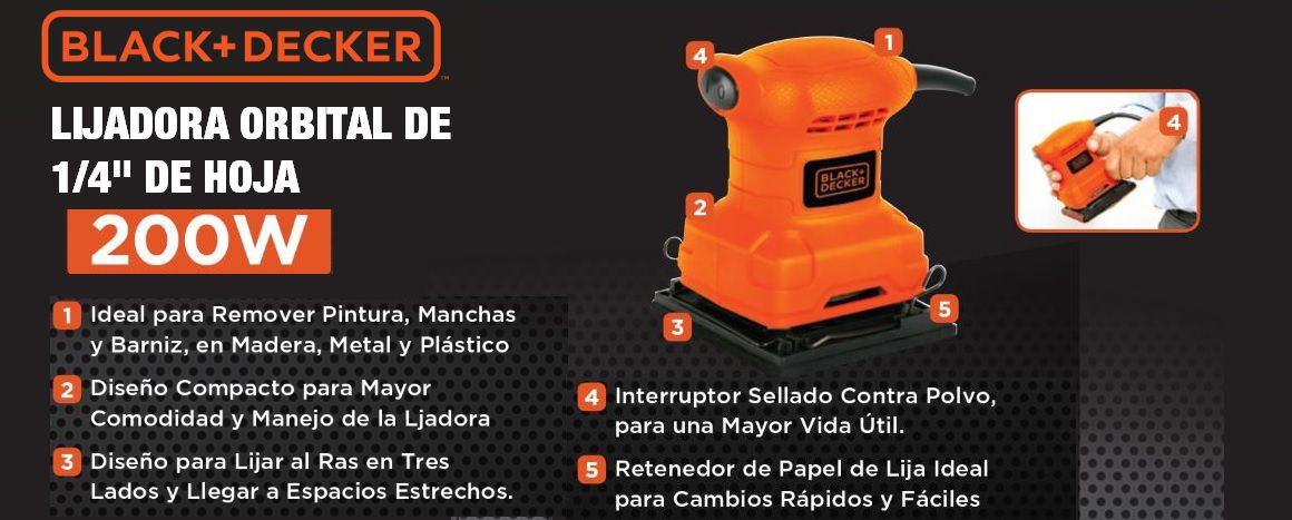 Lijadora, lijadoras, orbital, herramienta, electrica, 1/4 de hoja; Black&Decker
