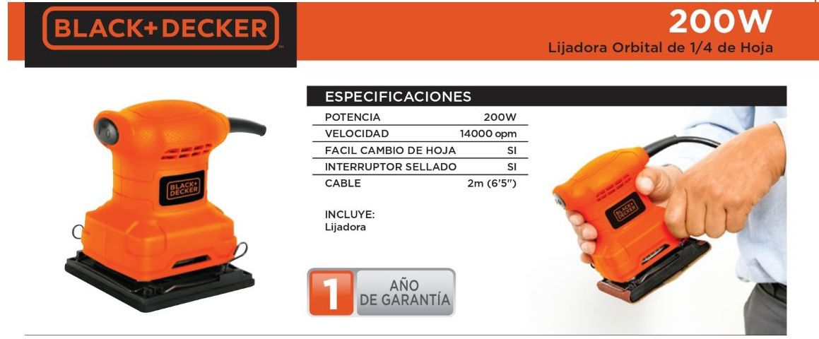 Lijadora, lijadoras, orbital, herramienta, electrica, 1/4 de hoja; Black&Decker