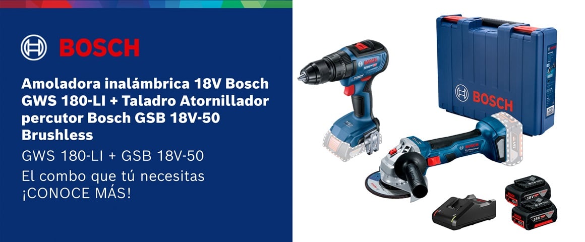 Amoladora inalámbrica 18V Bosch GWS 180-LI + Taladro Atornillador percutor Bosch GSB 18V-50 Brushless 