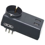 Adaptador triple 1 shucko + 2 tomas de 3 en línea + 2 USB negro
