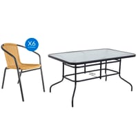Combo mesa de exterior de vidrio templado negra + 6 sillas de exterior de metal y ratán PVC beige