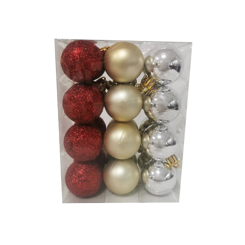CASA JOVEN - Set 24 Esferas de Navidad 4 cm Rojo, Plata y Champagne