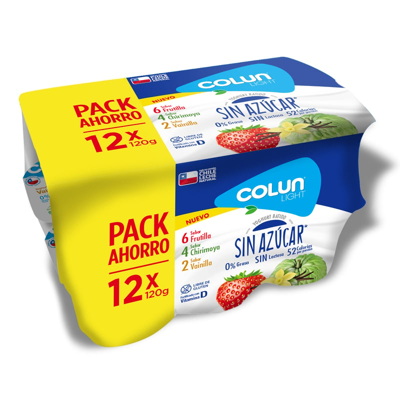 COLUN - Pack Yoghurt Light Sin Azúcar  Sabor Frutilla + Chirimoya + Vainilla Colun 12 x 120 g