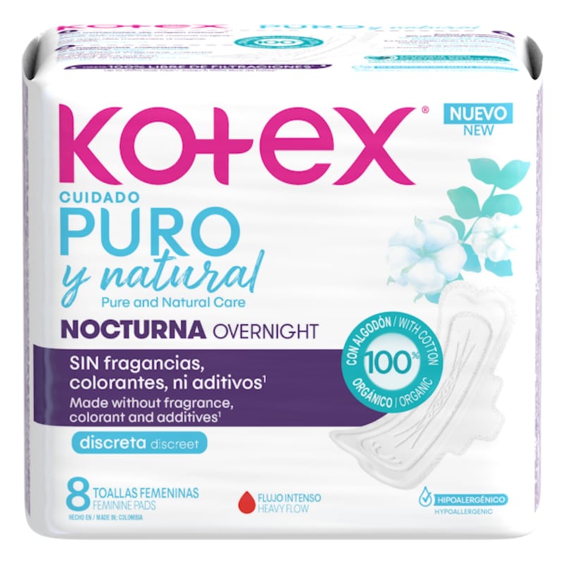 KOTEX - Toalla Femenina Kotex Nocturna Cuidado Puro y Natural 8 Un