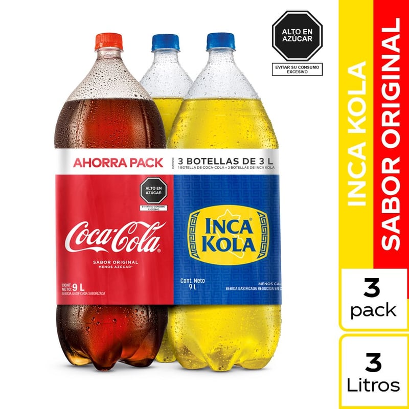 INCA KOLA - Pack de Gaseosa Coca-Cola Sabor Original 3 L + Inka Kola Sabor Original 3 L