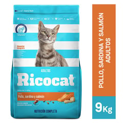 RICOCAT - Comida para gatos adultos Ricocat sabor pollo sardina y salmón de 9 kg