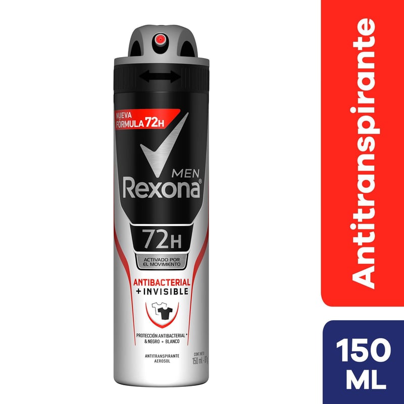 REXONA - Antitranspirante Rexona Men Antibacterial Invisible 72 horas aerosol de 150 mL