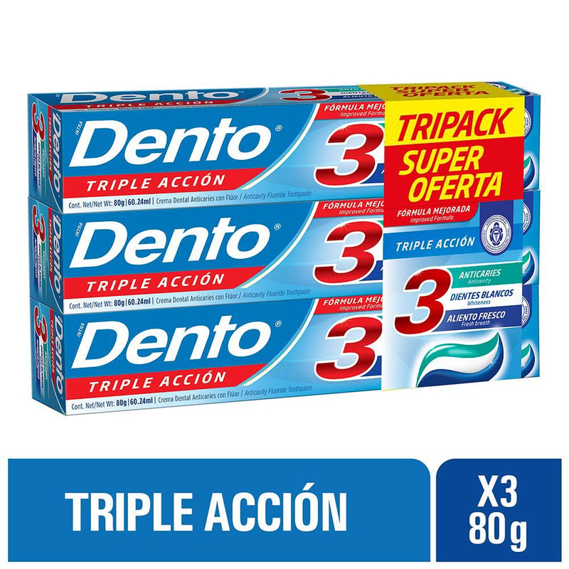 Crema Dental Dento Triple Acción Tripack Caja 80 g | Tottus Perú