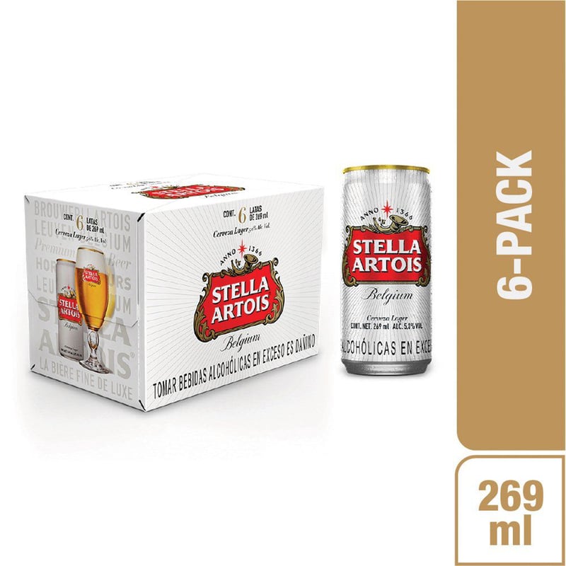 STELLA ARTOIS - Six Pack de Cerveza Stella Artois de Bélgica en Lata de 269 mL