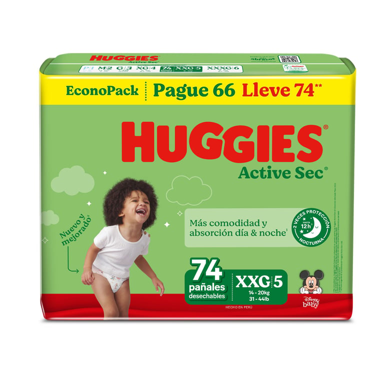 Pañal Huggies Active Sec Talla XXG Empaque 74 Und | Tottus Perú