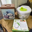 Hilera de madera vintage con diseño de patos + secador de verduras (nuevo) + cuchillo circular para verduras (nuevo)