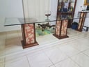 Mesa de vidrio para comedor (Solo mesa de vidrio) (1,50m*1,10m) Robustos Soportes de madera con tapizado de estilo isabelino (A retirar del local del proveedor)