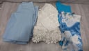 1 pantalón de vestir celeste mandee en talla M + 2 blusas celestes + 1 blusa blanca de encaje