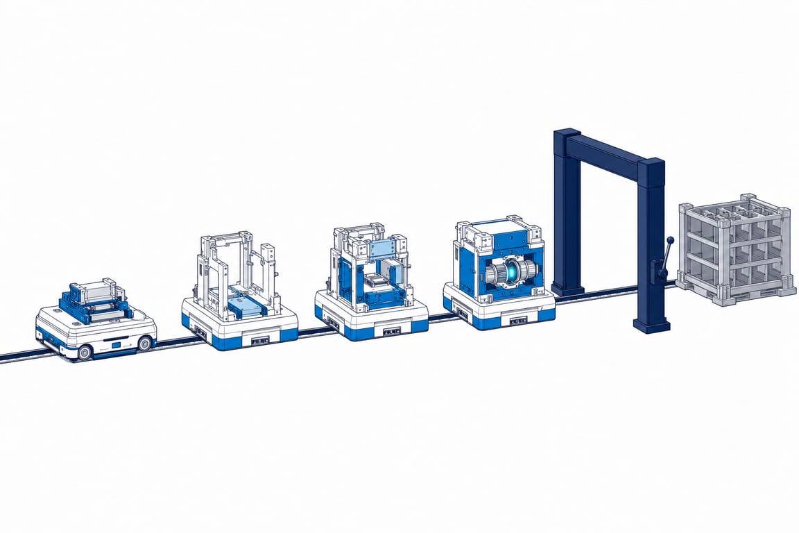 One autonomous carriage works a long bench, each stage of the same assembly more complete than the last, until the finished piece stops at a raised inspection gate with a human lever — past the gate a sealed delivery rack waits: the agent runs the whole lifecycle, and delivery still passes a person.
