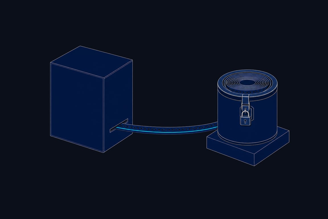 A sealed enclosure with one narrow slot pays a single punched record ribbon out to a locked archive drum — the audit trail is the only thing the enclosure is built to send anywhere.