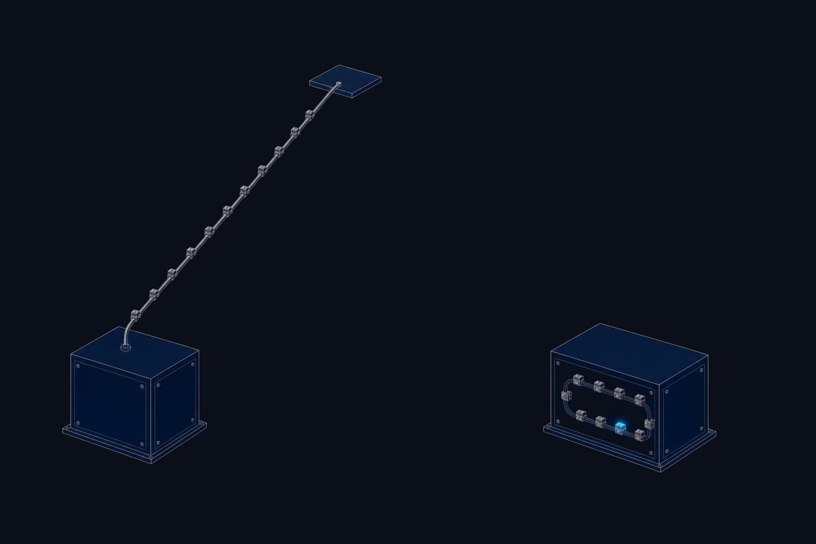 Two identical enclosures side by side: the left one sends a steady line of parts up a long conduit to a distant slab far outside itself, while the right one has no conduit at all and circulates the same parts on a closed loop inside its own sealed walls.