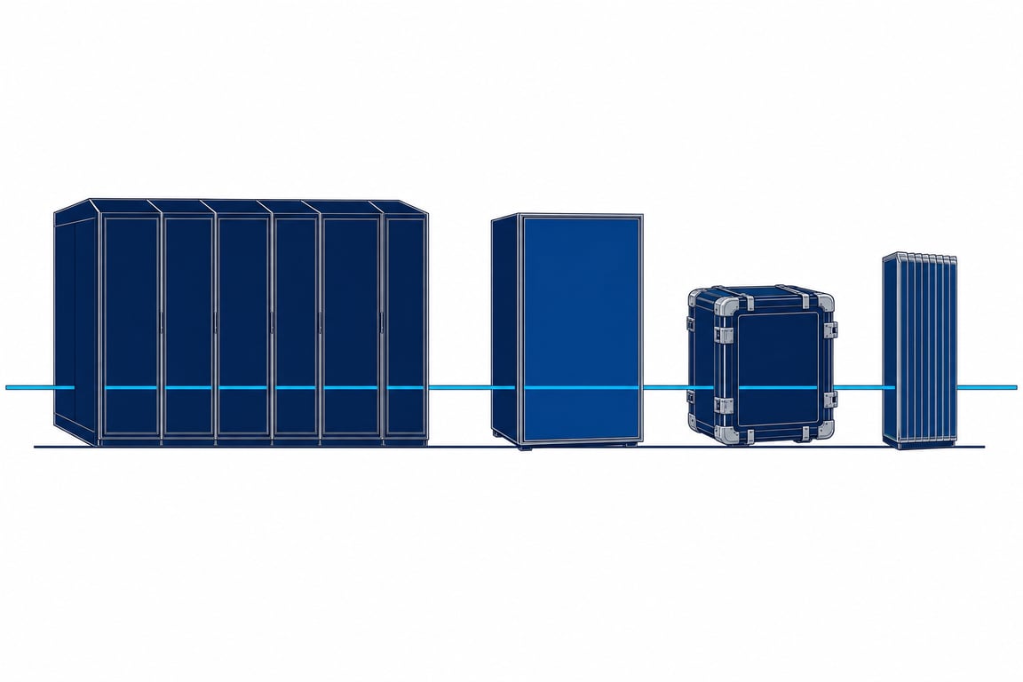 Four sealed enclosures of different build and scale — a hall of ranked cabinets, a smooth cabinet, a hardened field case and a slim blade stack — stand on one rail with a single unbroken line of light running through all four.