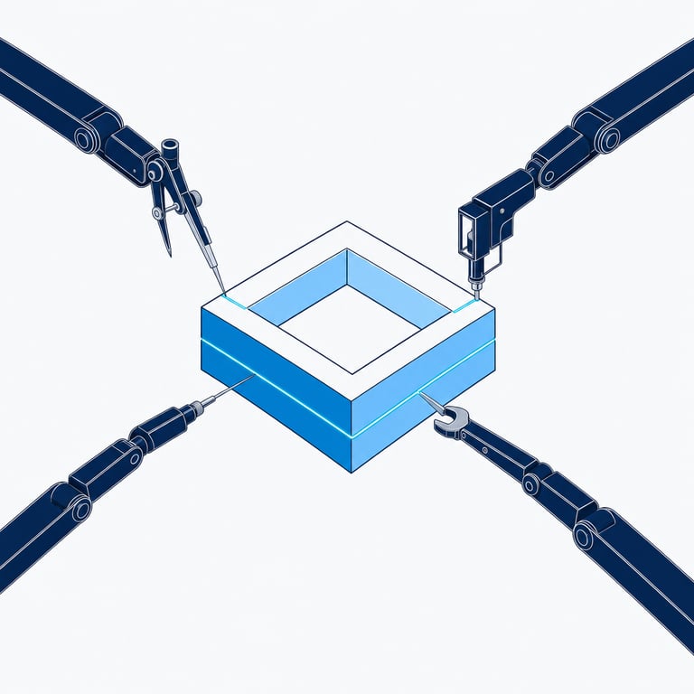Four precision instrument arms with four different heads — a drafting compass, a shielded probe, a sampling needle and a fitting spanner — are all engaged at once on four faces of the same square workpiece, which carries one continuous lit seam.