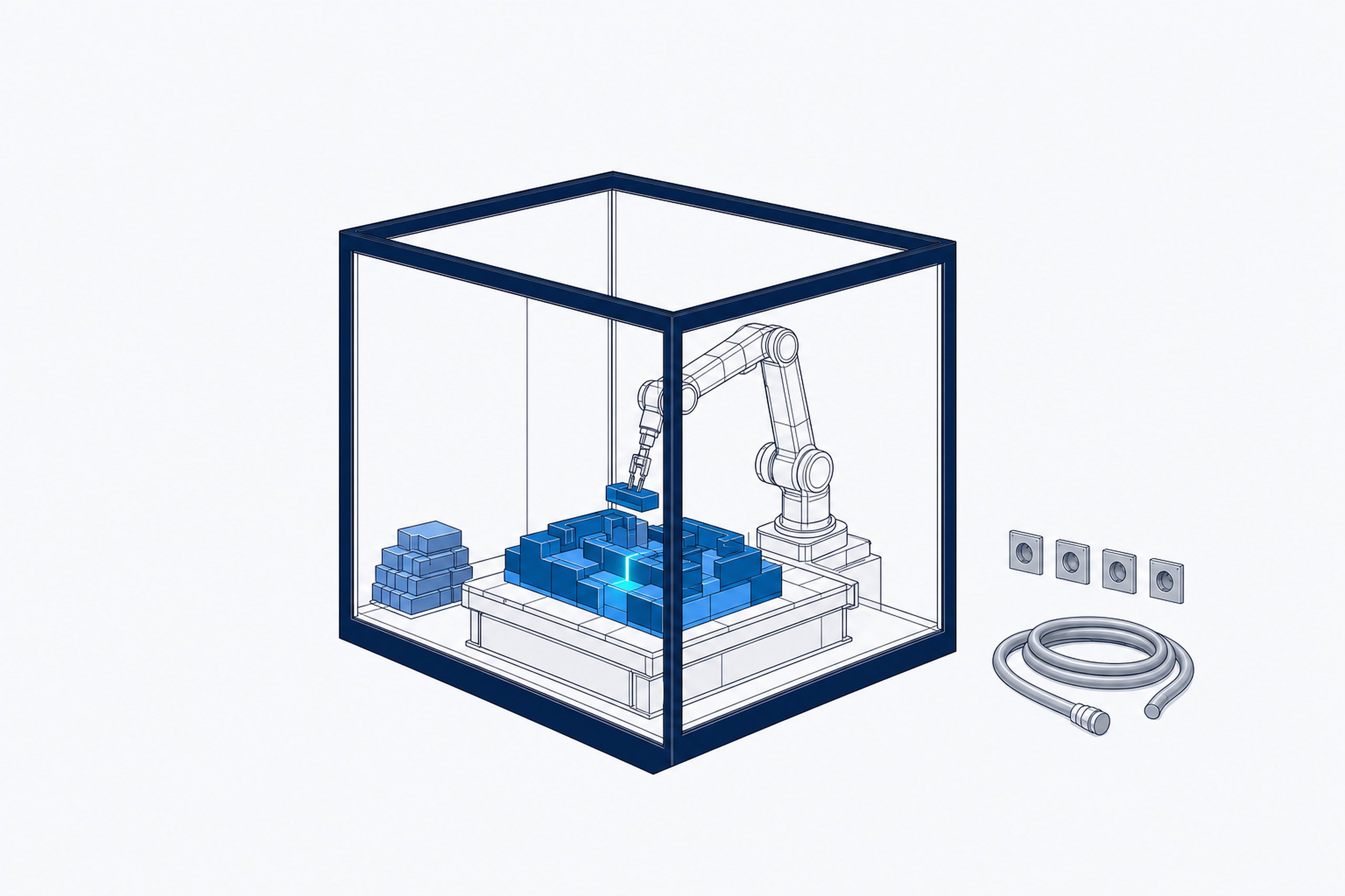 AirgapAI Code's core idea: inside a sealed glass-walled workshop an autonomous arm assembles a precise structure from parts already inside, while outside the enclosure the one external conduit lies coiled and capped and the wall sockets sit empty — the work is finished in full, and nothing crosses the perimeter.