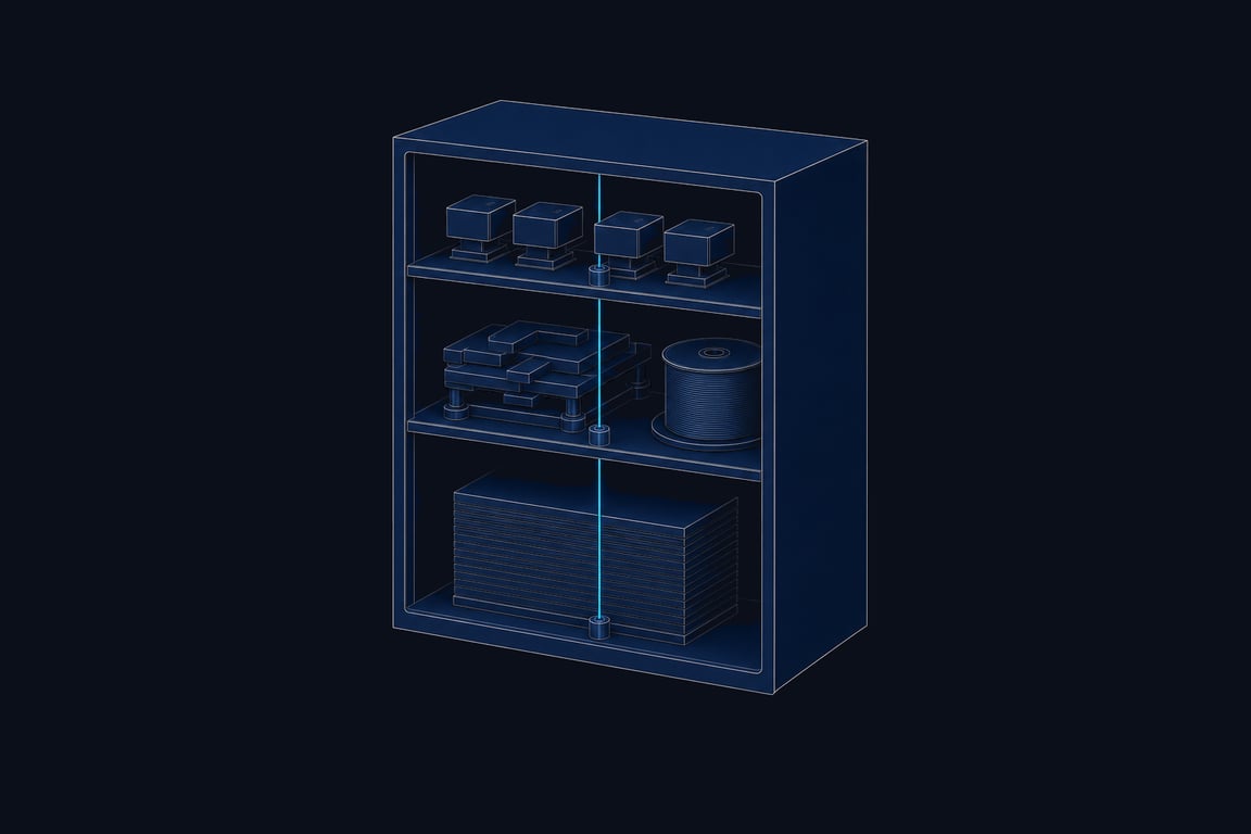 A cutaway of one sealed vault: a deck of small access stations above, a deck of interlocking governance plates and a record spool in the middle, a dense stack of processing slabs below — joined by a single lit internal spine, with nothing at all crossing the outer wall.