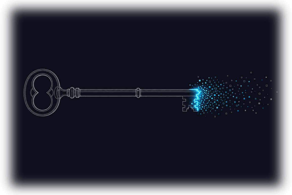 A long key whose blade dissolves into drifting particles at a glowing edge &mdash; credentials that end on their own instead of lasting forever.