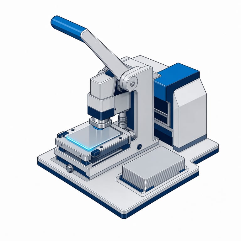 A precision stamping press striking a single translucent credential card beside a small stack of blanks &mdash; credentials issued deliberately, one at a time, instead of copied forever.