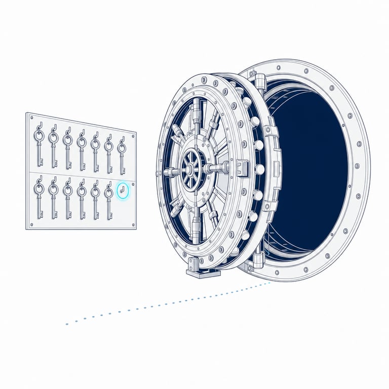 A monumental vault door standing ajar beside a board of identical hanging keys with one hook empty &mdash; a permanent key in the wrong hands defeats the vault entirely.