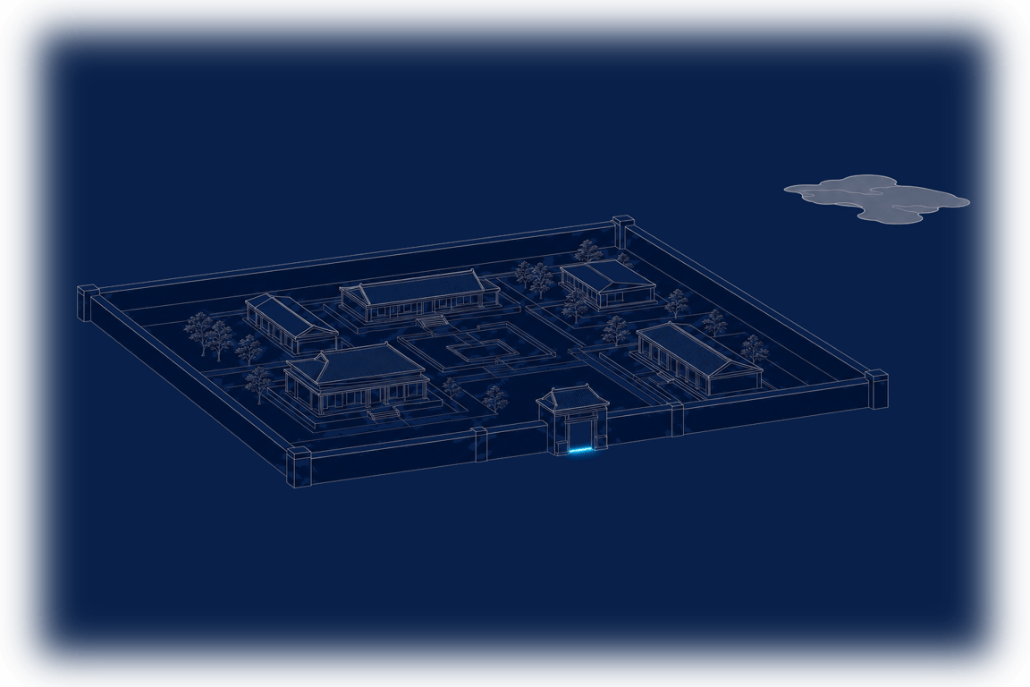 An isometric walled compound at night with a single lit gatehouse and a distant cloud shape that no road reaches &mdash; the issuing office, its records, and its keys stay inside your perimeter behind one watched entrance.