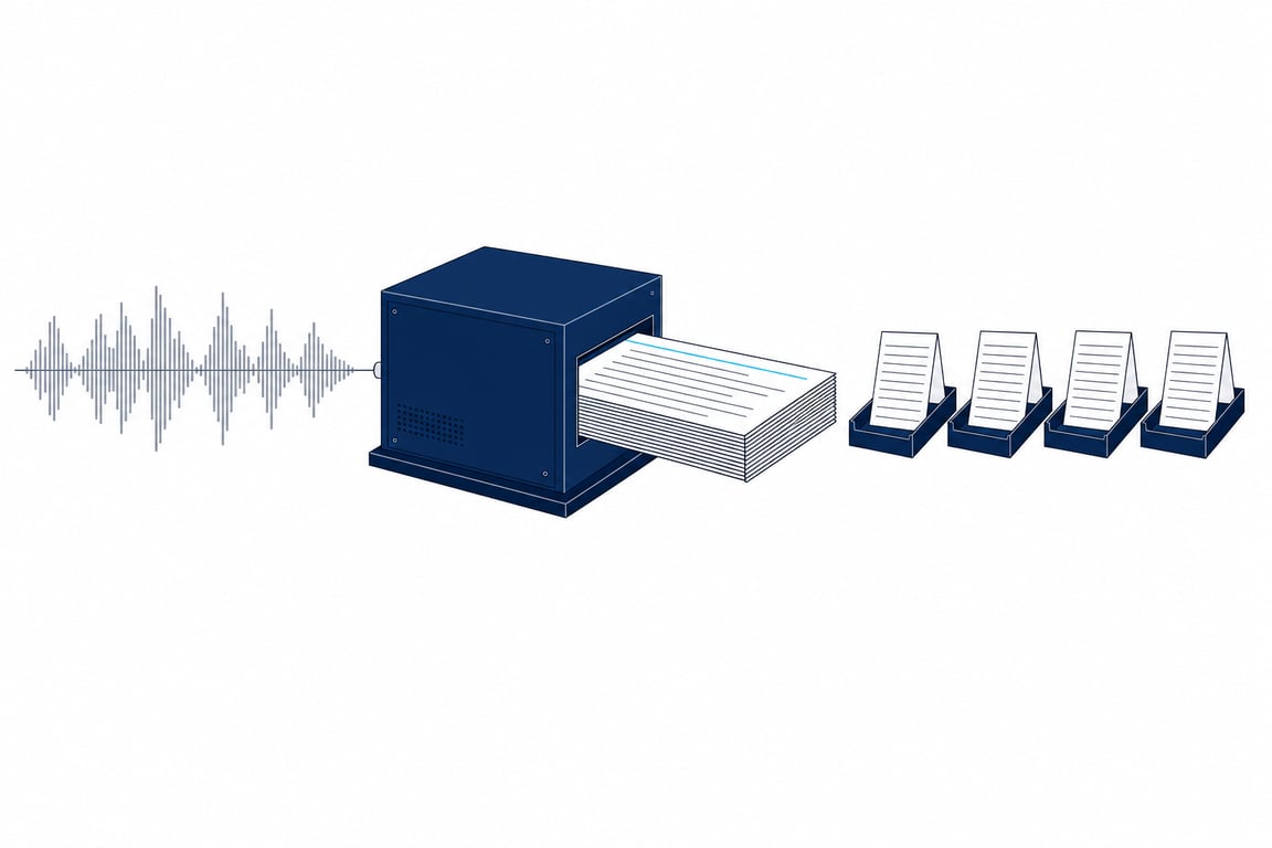 A waveform runs into a single sealed machine and comes out the other side as an ordered stack of ruled pages, which are then filed into four fitted trays — capture, transcription and note-taking all happening inside one device.