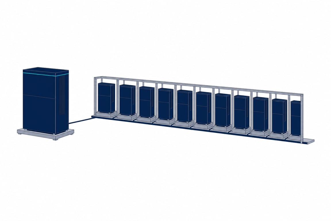 One master instrument on a plinth wired to a long rack of identical seated copies — a single installer image replicated unchanged across an enterprise fleet.