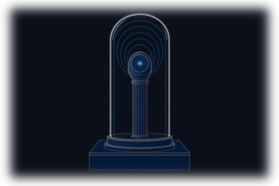 AirgapAI Transcribe's core idea drawn as a sealed acoustic instrument: sound rings spread from the microphone core and stop against the inside of its glass housing, with nothing outside it to receive them — the recording stays where it was made.