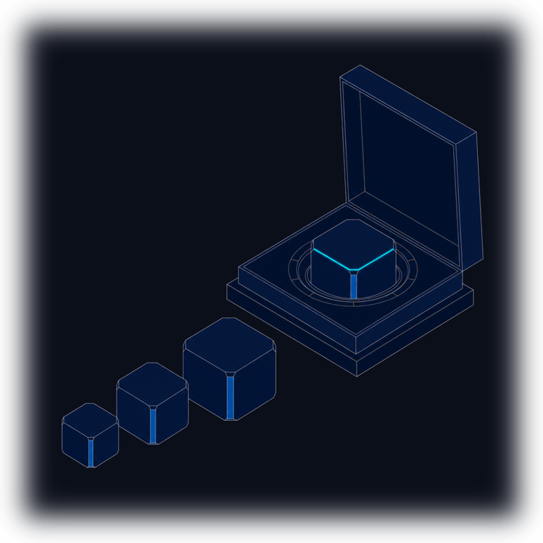 One fitted instrument bay with a stepped row of engine modules of increasing size beside it, the largest already seated home and lit — the same application, seated on progressively more capable silicon.