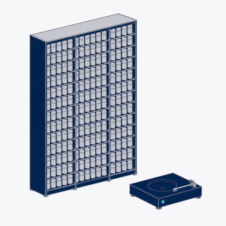 The cost of the problem, drawn as an archive shelf of recordings whose seals have never been broken, with the one empty playing deck in front of it standing idle — hours of audio that never get transcribed.