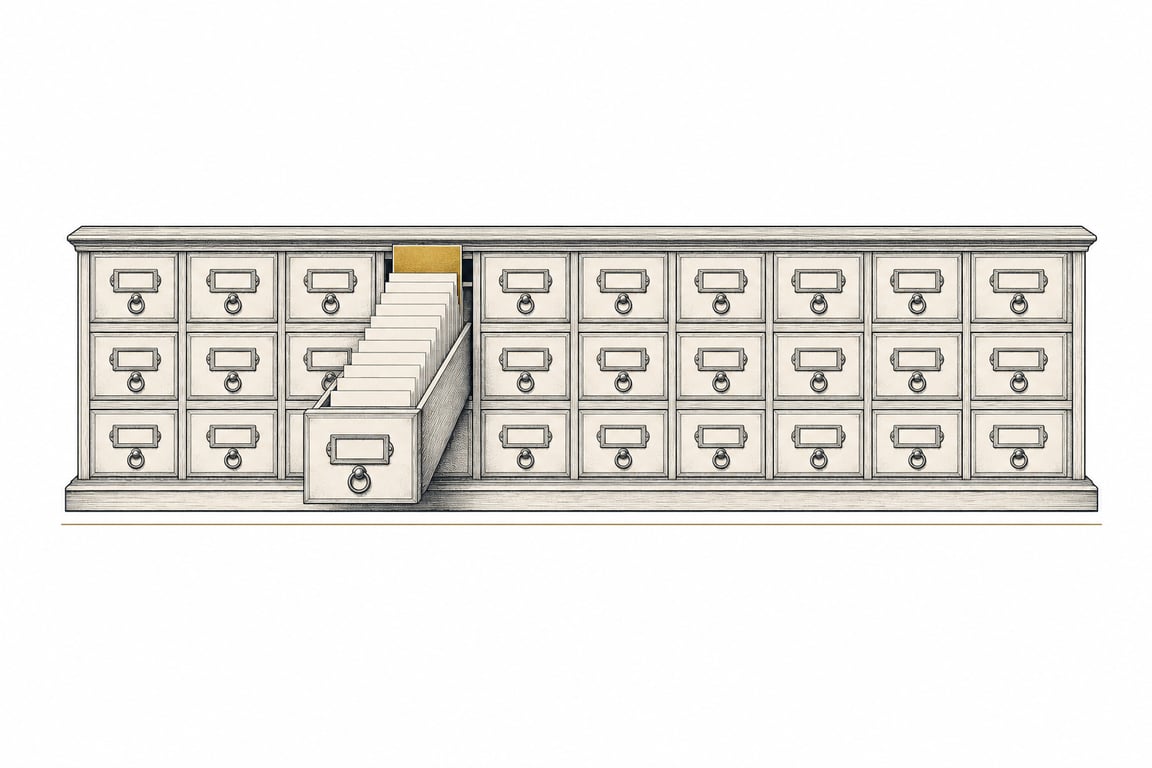 Illustration: a catalogue cabinet of many drawers with one drawer pulled open, its blank cards standing in an ascending run that ends in a single gold card — a syllabus sequenced for one role.