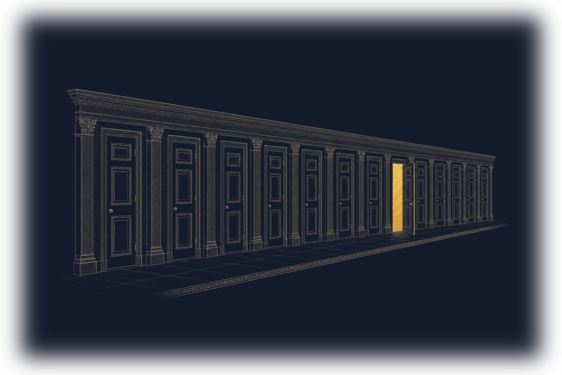 Illustration: a corridor of closed panelled doors inside a dark academy building, with one door standing open onto warm gold light — the next step, available now.