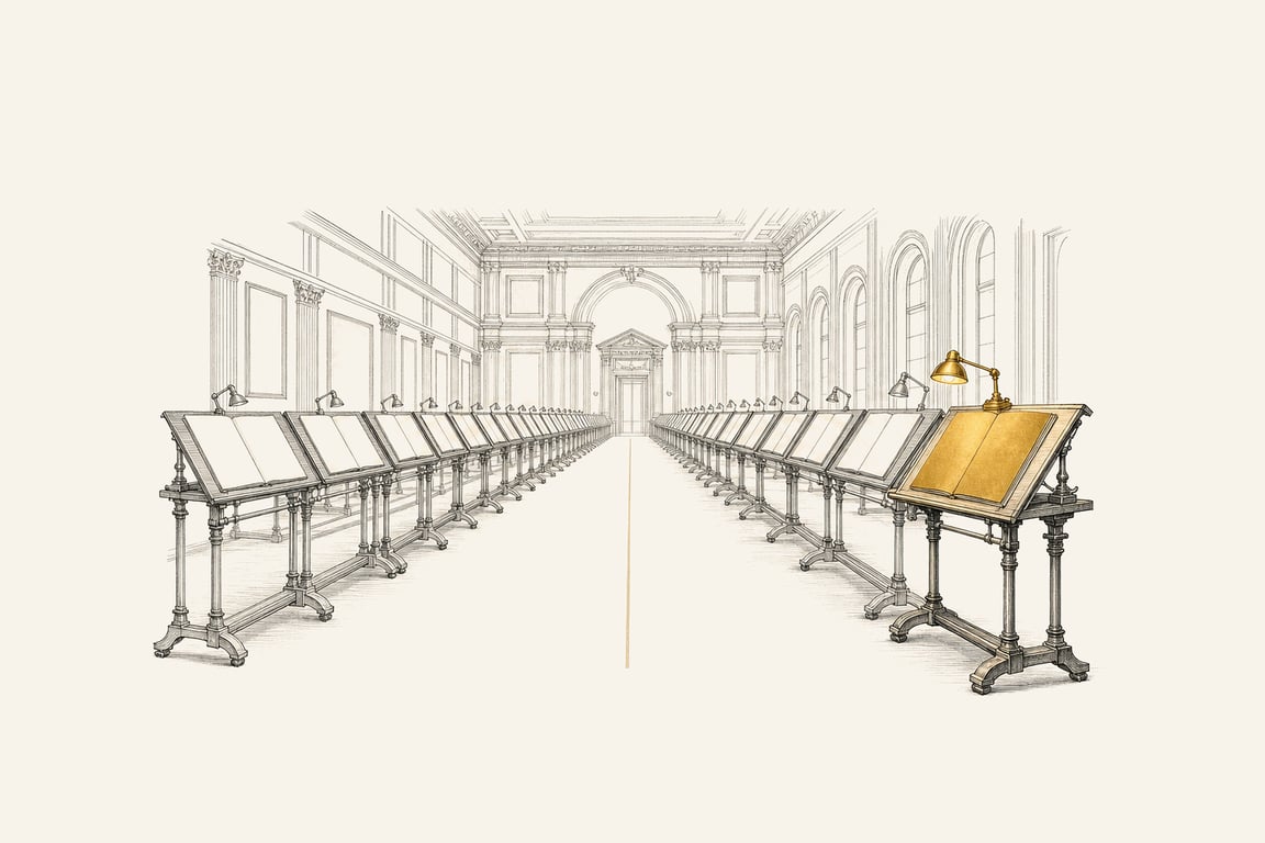Illustration: a long academy hall lined with identical drafting lecterns, each holding an open blank folio, with the nearest lectern lit gold — a seat and a syllabus prepared for every profession.